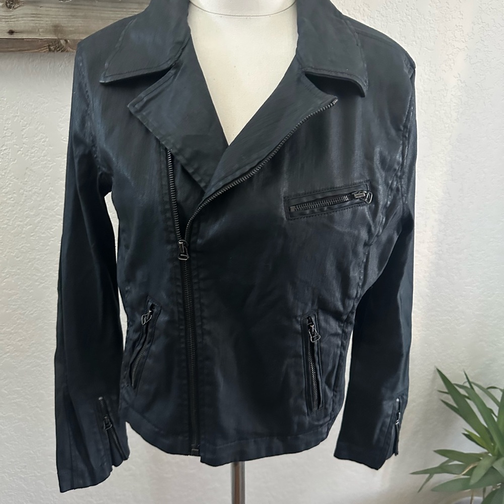 AG‎ Adriano Goldschmied Black Coated denim zipper Jacket ladies size Large